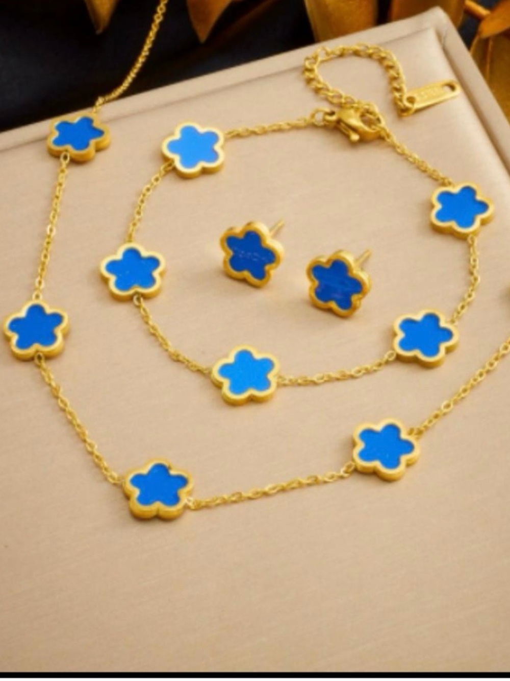 Gold-Tone Blue Clover Station Necklace and Stud Earring Set